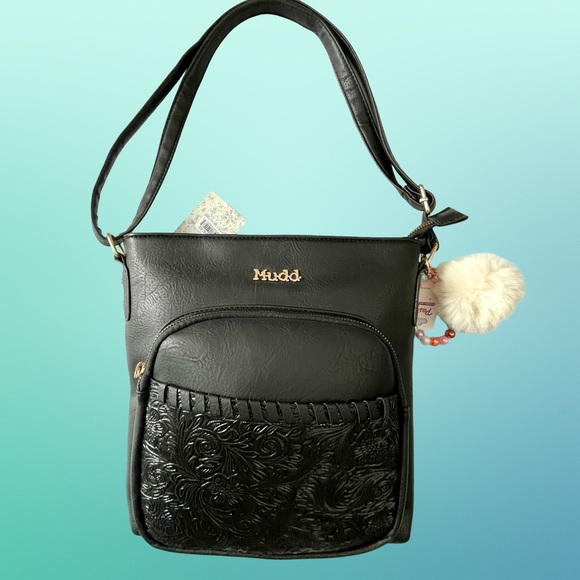 Mudd Handbags - Mudd Black Zip Closure Embossed Crossbody Shoulder Bag Pom Pom Charm Keychain